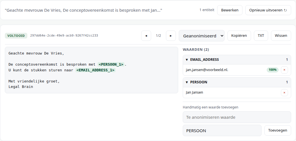 SecureAnon interface showing detected personal data and the anonymised result